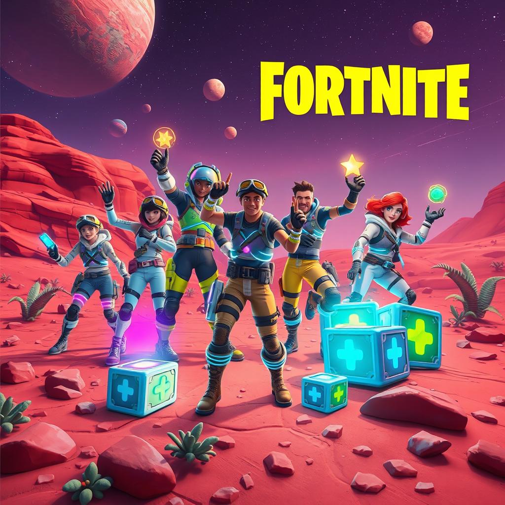 A vibrant and dynamic scene inspired by Fortnite, featuring characters equipped with futuristic gear and bright, colorful outfits