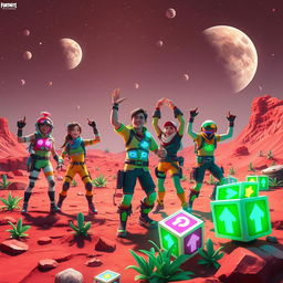 A vibrant and dynamic scene inspired by Fortnite, featuring characters equipped with futuristic gear and bright, colorful outfits