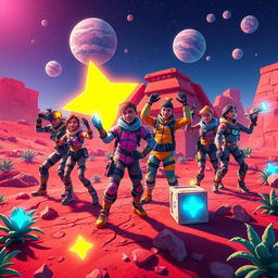 A vibrant and dynamic scene inspired by Fortnite, featuring characters equipped with futuristic gear and bright, colorful outfits