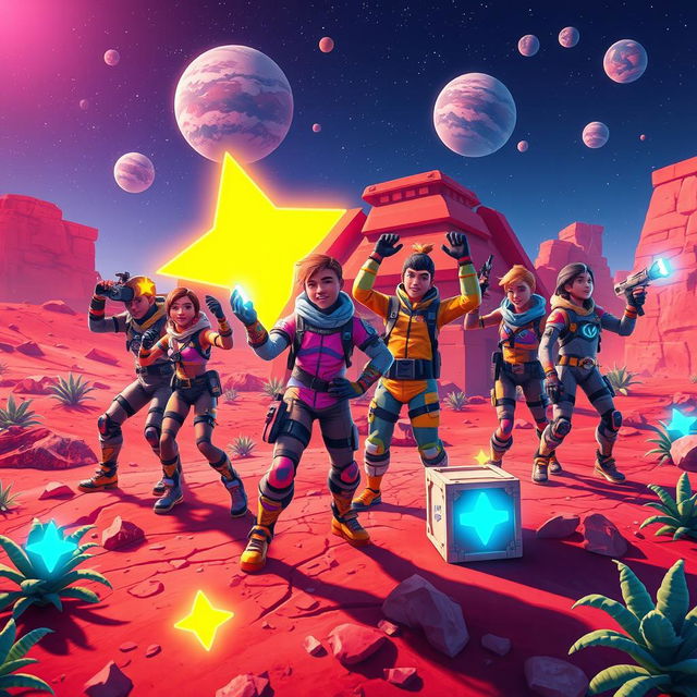 A vibrant and dynamic scene inspired by Fortnite, featuring characters equipped with futuristic gear and bright, colorful outfits