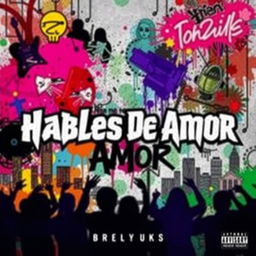 A vibrant and dynamic trap music album cover titled "No Me Hables de Amor", featuring an abstract background with graffiti-style art elements, colorful splashes of neon colors, and urban motifs like cityscapes and musical instruments