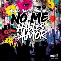 A vibrant and dynamic trap music album cover titled "No Me Hables de Amor", featuring an abstract background with graffiti-style art elements, colorful splashes of neon colors, and urban motifs like cityscapes and musical instruments