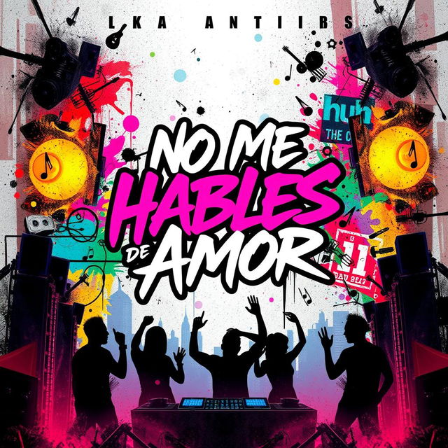 A vibrant and dynamic trap music album cover titled "No Me Hables de Amor", featuring an abstract background with graffiti-style art elements, colorful splashes of neon colors, and urban motifs like cityscapes and musical instruments