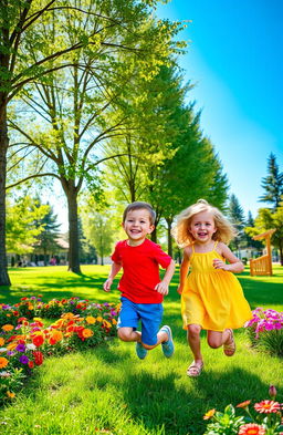 A joyful scene depicting two children, a boy and a girl, playing together in a vibrant park