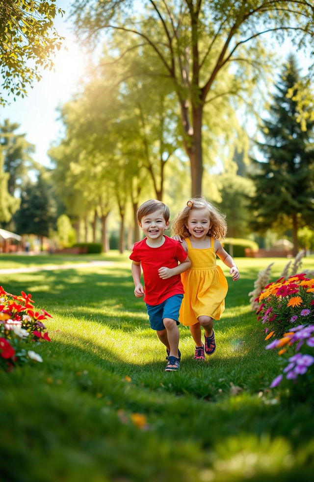 A joyful scene depicting two children, a boy and a girl, playing together in a vibrant park