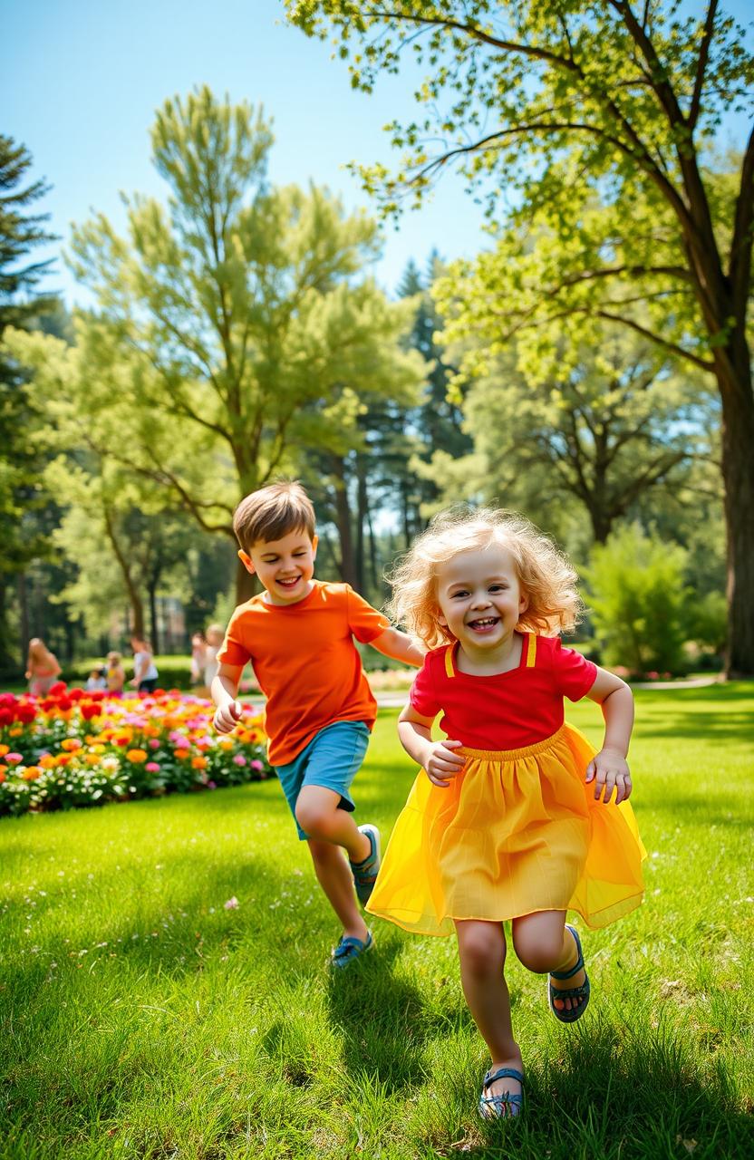 A joyful scene depicting two children, a boy and a girl, playing together in a vibrant park