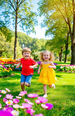 A joyful scene depicting two children, a boy and a girl, playing together in a vibrant park