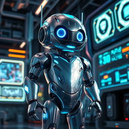 A futuristic, sleek robot named Vicidior with a shiny metallic exterior, displaying intricate circuit patterns and a soft blue glow