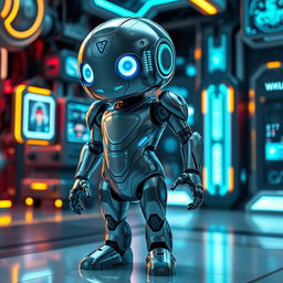 A futuristic, sleek robot named Vicidior with a shiny metallic exterior, displaying intricate circuit patterns and a soft blue glow