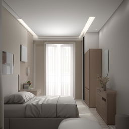 3D image of a modern bedroom interior in a 10ft by 10ft room with three sides occupied by furniture and other decorations. There's a side door placed on the right side of the room.