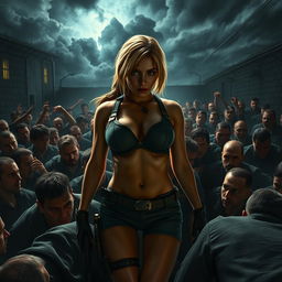 A thrilling scene featuring Lara Croft as a blonde, depicted with a prominent big ass in a state of peril