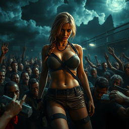 A thrilling scene featuring Lara Croft as a blonde, depicted with a prominent big ass in a state of peril