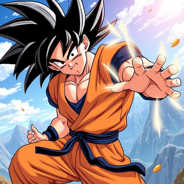 A dynamic and powerful illustration of Goku from Dragon Ball Z, featuring him in his iconic orange gi with a blue undershirt and a black belt