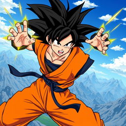 A dynamic and powerful illustration of Goku from Dragon Ball Z, featuring him in his iconic orange gi with a blue undershirt and a black belt