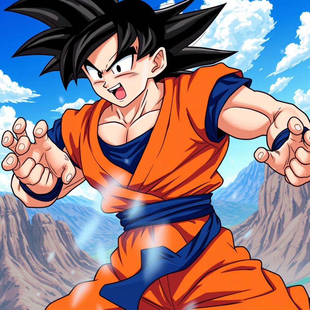 A dynamic and powerful illustration of Goku from Dragon Ball Z, featuring him in his iconic orange gi with a blue undershirt and a black belt