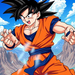 A dynamic and powerful illustration of Goku from Dragon Ball Z, featuring him in his iconic orange gi with a blue undershirt and a black belt