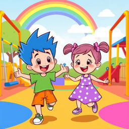 A playful cartoon scene featuring a little boy and girl as best friends