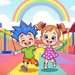 A playful cartoon scene featuring a little boy and girl as best friends