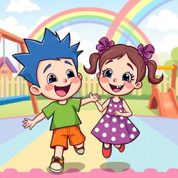 A playful cartoon scene featuring a little boy and girl as best friends