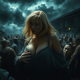 A gripping scene depicting a blonde character with a prominent big ass in a state of peril, surrounded by a dense crowd of male prisoners