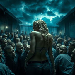 A gripping scene depicting a blonde character with a prominent big ass in a state of peril, surrounded by a dense crowd of male prisoners