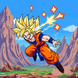 A vibrant and detailed pixel art depiction of Goku in his Super Saiyan form