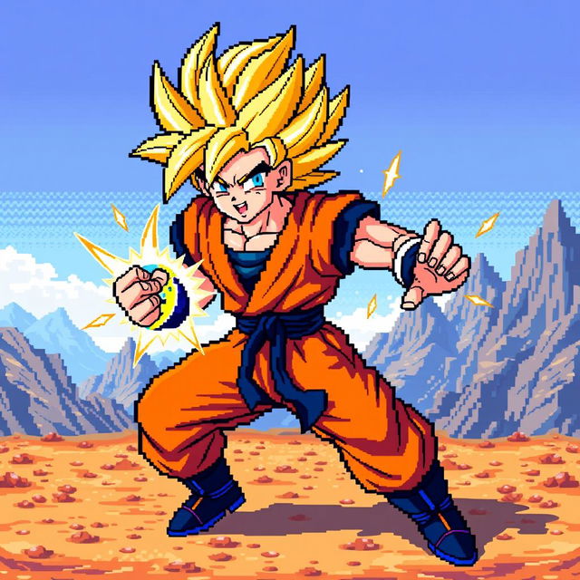 A vibrant and detailed pixel art depiction of Goku in his Super Saiyan form