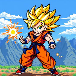 A vibrant and detailed pixel art depiction of Goku in his Super Saiyan form
