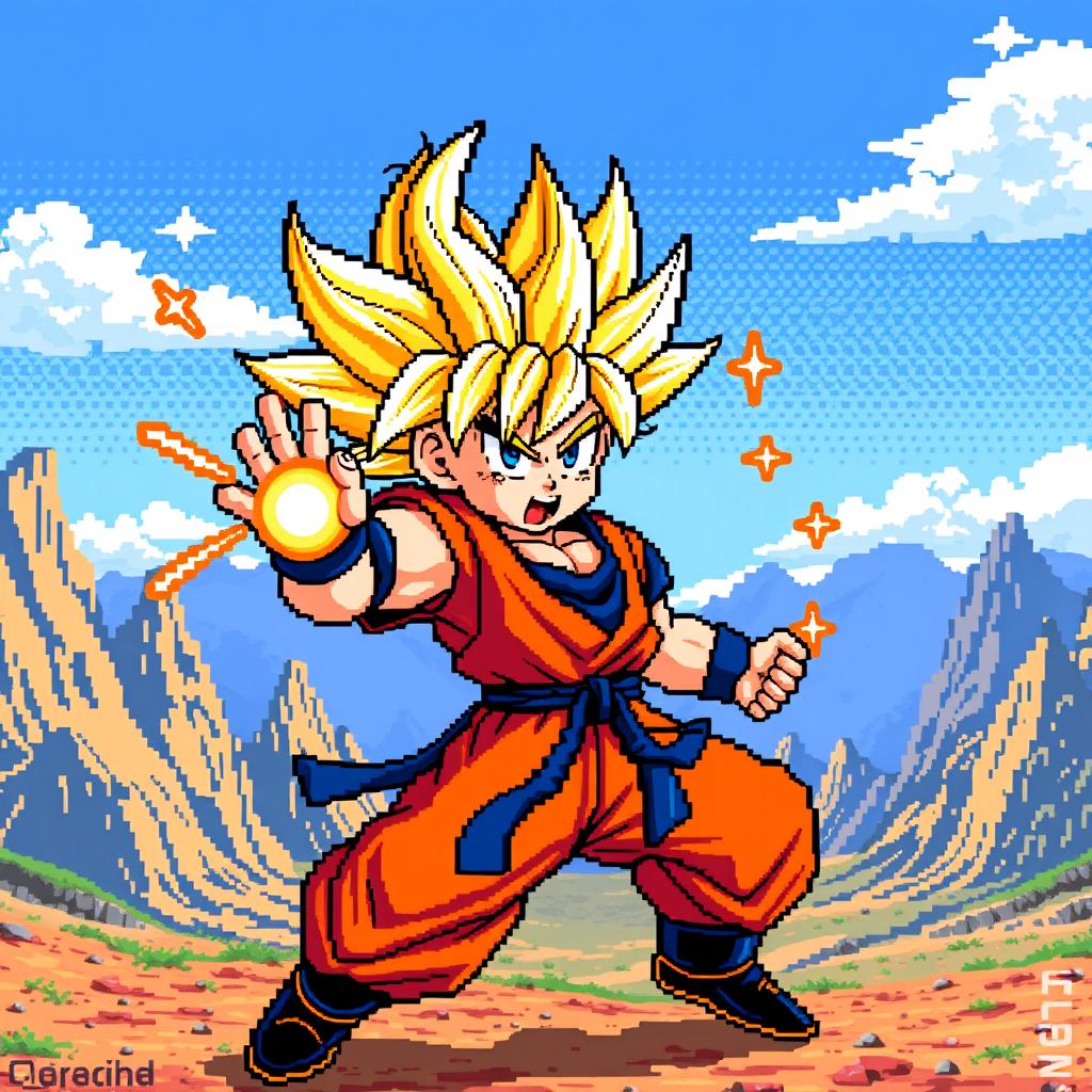 A vibrant and detailed pixel art depiction of Goku in his Super Saiyan form