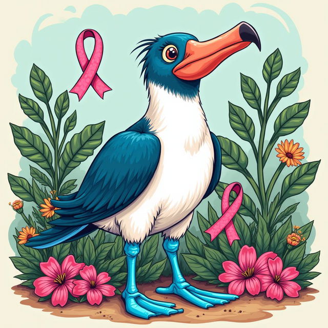 A whimsical and vibrant illustration of a blue-footed booby, characteristically depicted with its iconic blue feet, confidently stomping out symbols of cancer, represented by stylized pink ribbons