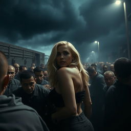 A dramatic scene featuring a blonde woman with a prominent big ass, depicted in a state of vulnerability, surrounded by a dense crowd of male prisoners