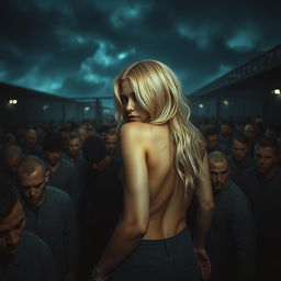 A dramatic scene featuring a blonde woman with a prominent big ass, depicted in a state of vulnerability, surrounded by a dense crowd of male prisoners