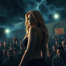 A dramatic scene featuring a blonde woman with a prominent big ass, depicted in a state of vulnerability, surrounded by a dense crowd of male prisoners