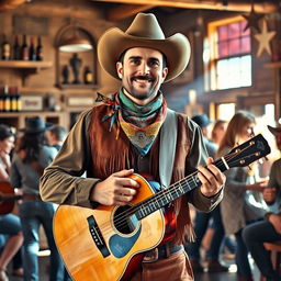 A charismatic cowboy bard standing confidently in a sunlit Western saloon, wearing a classic cowboy hat, a colorful bandana around his neck, and a fringed leather vest