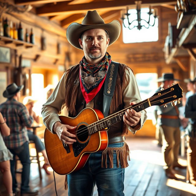 A charismatic cowboy bard standing confidently in a sunlit Western saloon, wearing a classic cowboy hat, a colorful bandana around his neck, and a fringed leather vest