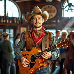 A charismatic cowboy bard standing confidently in a sunlit Western saloon, wearing a classic cowboy hat, a colorful bandana around his neck, and a fringed leather vest