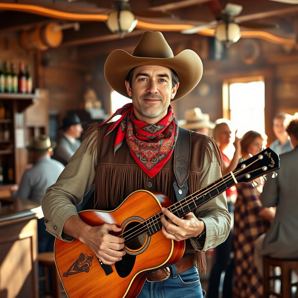 A charismatic cowboy bard standing confidently in a sunlit Western saloon, wearing a classic cowboy hat, a colorful bandana around his neck, and a fringed leather vest