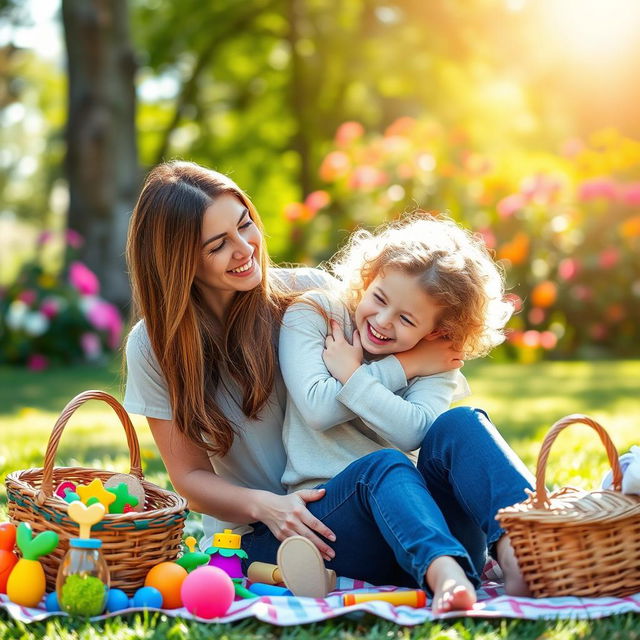 A heartwarming scene depicting the close relationship between a mother and her child, sharing a moment of joy and love at a sunny park