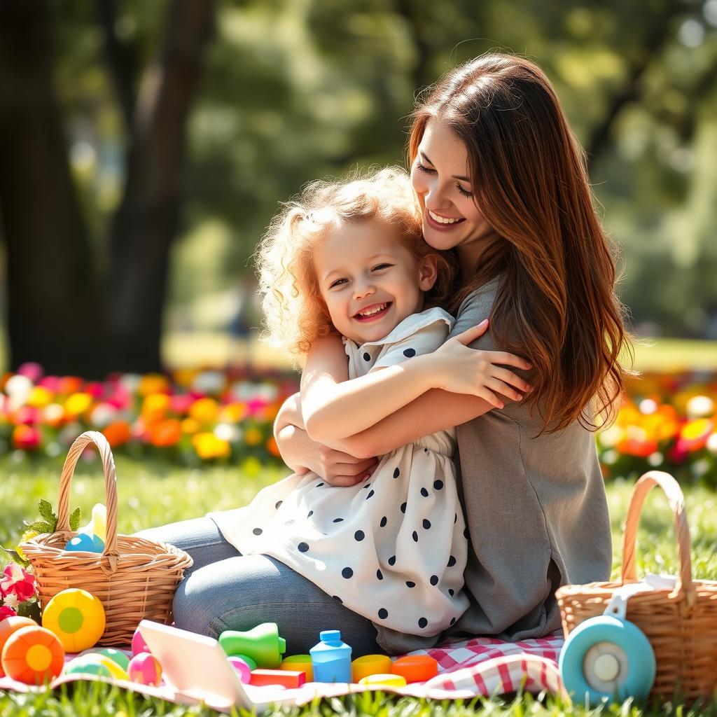 A heartwarming scene depicting the close relationship between a mother and her child, sharing a moment of joy and love at a sunny park