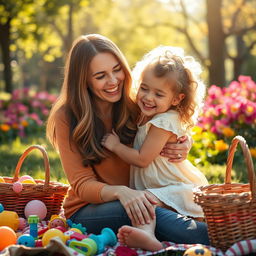 A heartwarming scene depicting the close relationship between a mother and her child, sharing a moment of joy and love at a sunny park