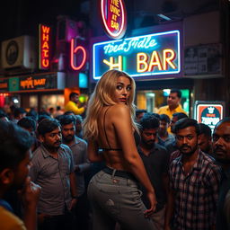 An edgy scene featuring a blonde woman with a prominent big ass, depicted in a striking pose, surrounded by a dense crowd of male patrons outside a vibrant, bustling cheap Indian bar