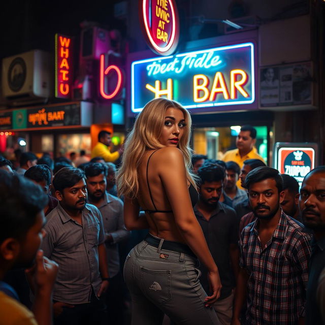 An edgy scene featuring a blonde woman with a prominent big ass, depicted in a striking pose, surrounded by a dense crowd of male patrons outside a vibrant, bustling cheap Indian bar