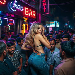 An edgy scene featuring a blonde woman with a prominent big ass, depicted in a striking pose, surrounded by a dense crowd of male patrons outside a vibrant, bustling cheap Indian bar