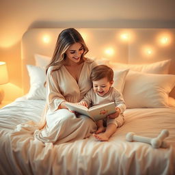 A beautiful, heartwarming scene of a mother and child sitting on a bed, surrounded by soft, warm lighting