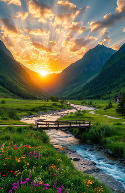 A stunning landscape featuring a tranquil river flowing through a lush green valley surrounded by majestic mountains