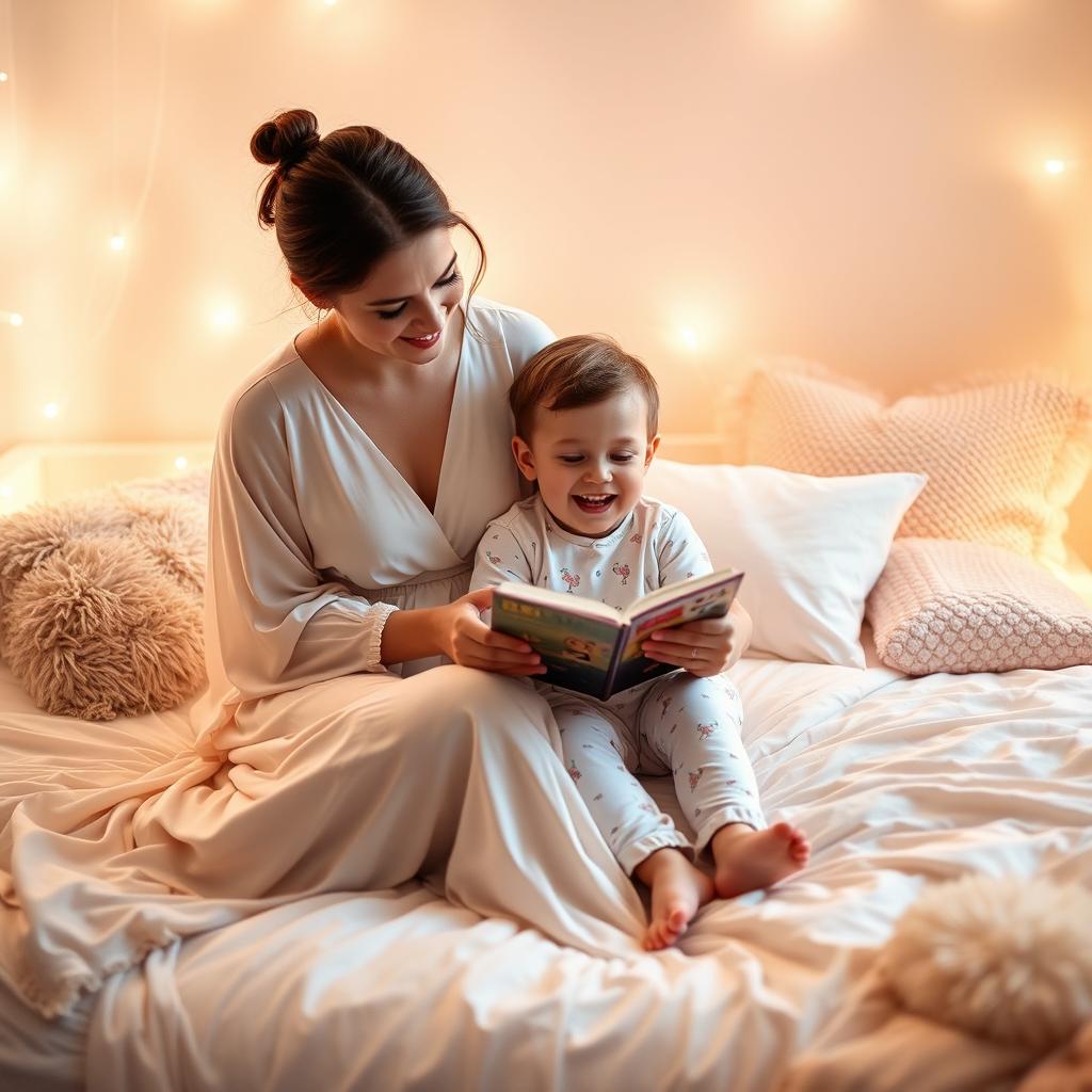 A beautiful, heartwarming scene of a mother and child sitting on a bed, surrounded by soft, warm lighting