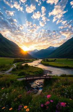A stunning landscape featuring a tranquil river flowing through a lush green valley surrounded by majestic mountains