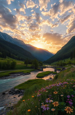 A stunning landscape featuring a tranquil river flowing through a lush green valley surrounded by majestic mountains