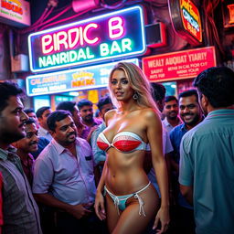 A lively scene featuring a blonde woman in a strapless bikini, accentuating her nude aesthetic, surrounded by a dense crowd of male patrons outside a vibrant, cheap Indian bar