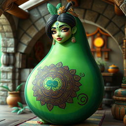 A feminine Aztec avocado character with elegant features and intricate Aztec patterns on its skin, sitting inside a beautifully constructed Aztec house